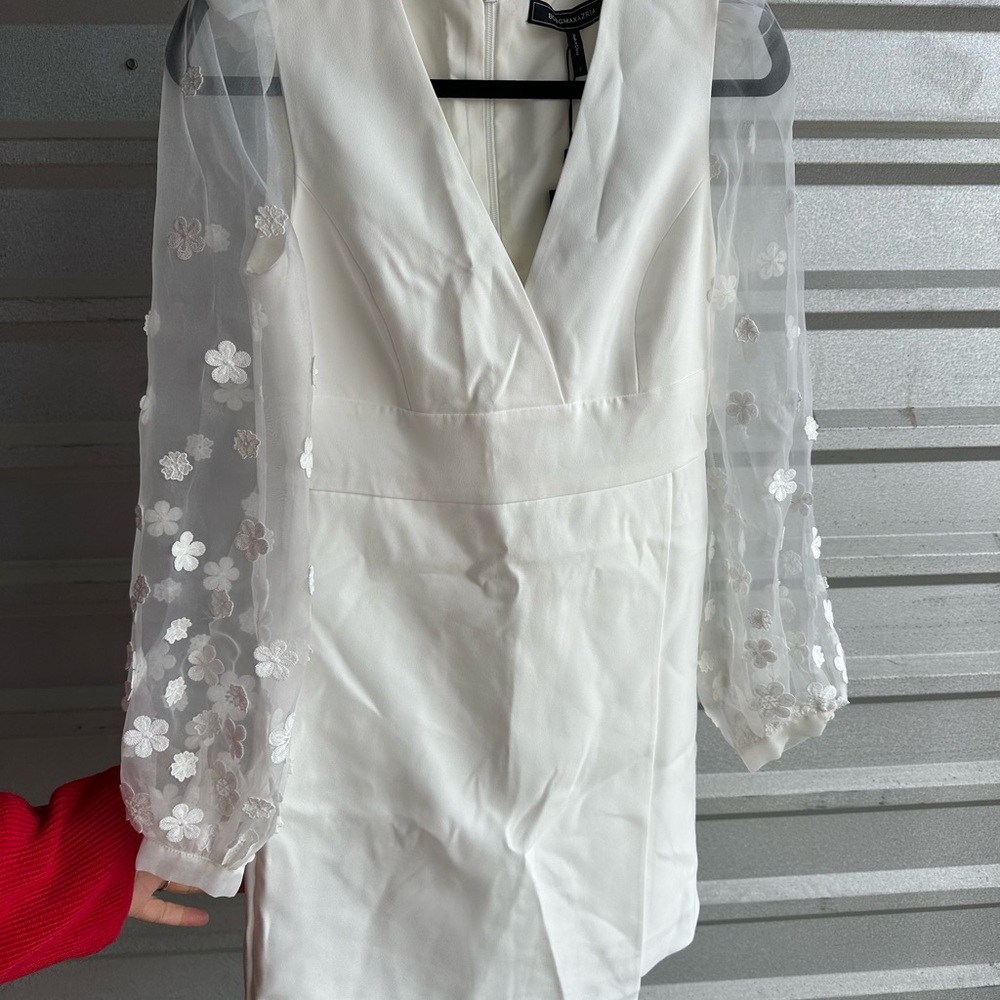 BCBG White Long Sleeve Dress with Sheer Floral Sleeves